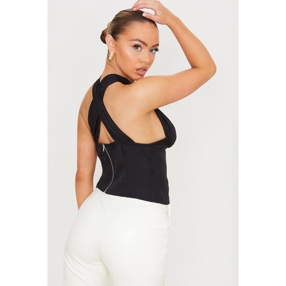 PrettyLittleThing Black Crossover Zip Top Size 24 Statement Bold Top NWT 🖤 - Picture 2 of 11